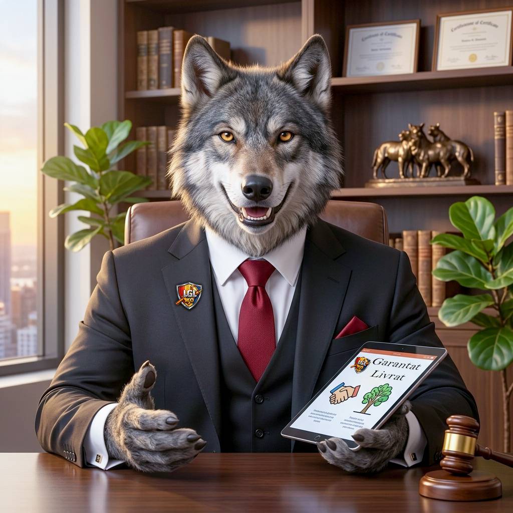 Mascota LGL: un lup în costum, așezat la birou, cu o tabletă în mână, într-un birou cu rafturi de cărți.